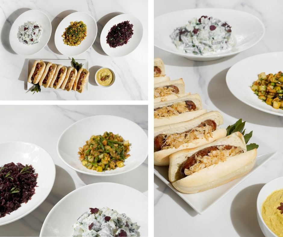 a collage of paramount events 2025 Oktoberfest specials dropoff menu items, including brautwursts, Sweet and Sour Braised Red Cabbage, and Cucumber Salad with Yogurt, lemon and dill