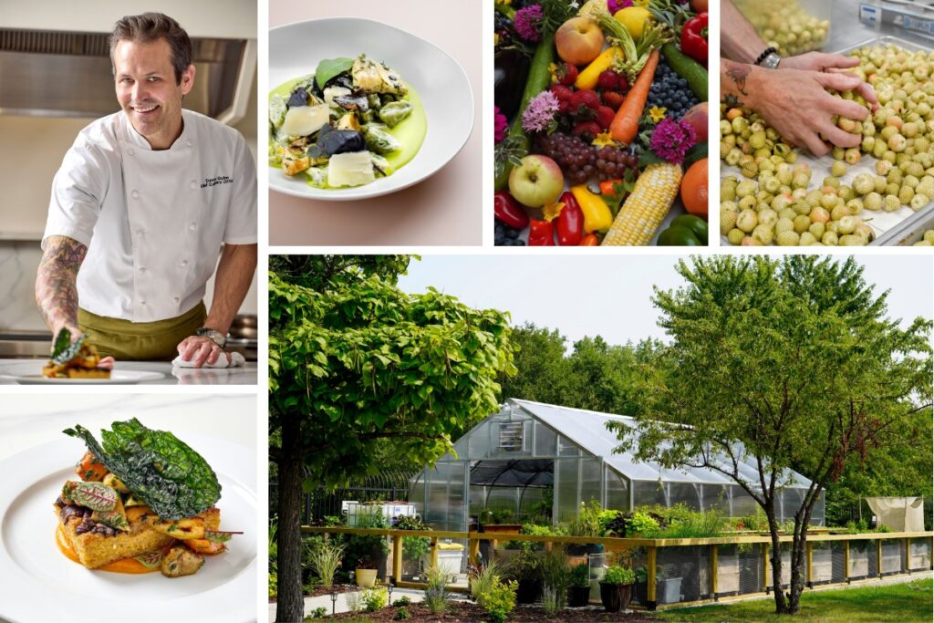 a collage image of Paramount Events farm selected vegetables, onsite green house, vegetable-forward dishes, and chef devon quinn