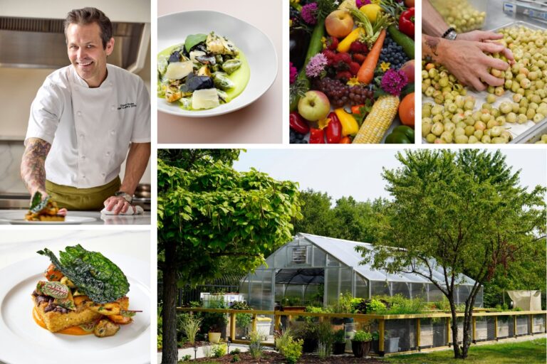 a collage image of Paramount Events farm selected vegetables, onsite green house, vegetable-forward dishes, and chef devon quinn