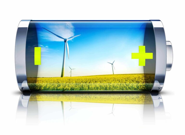 solar battery systems concept art with windmills & sky